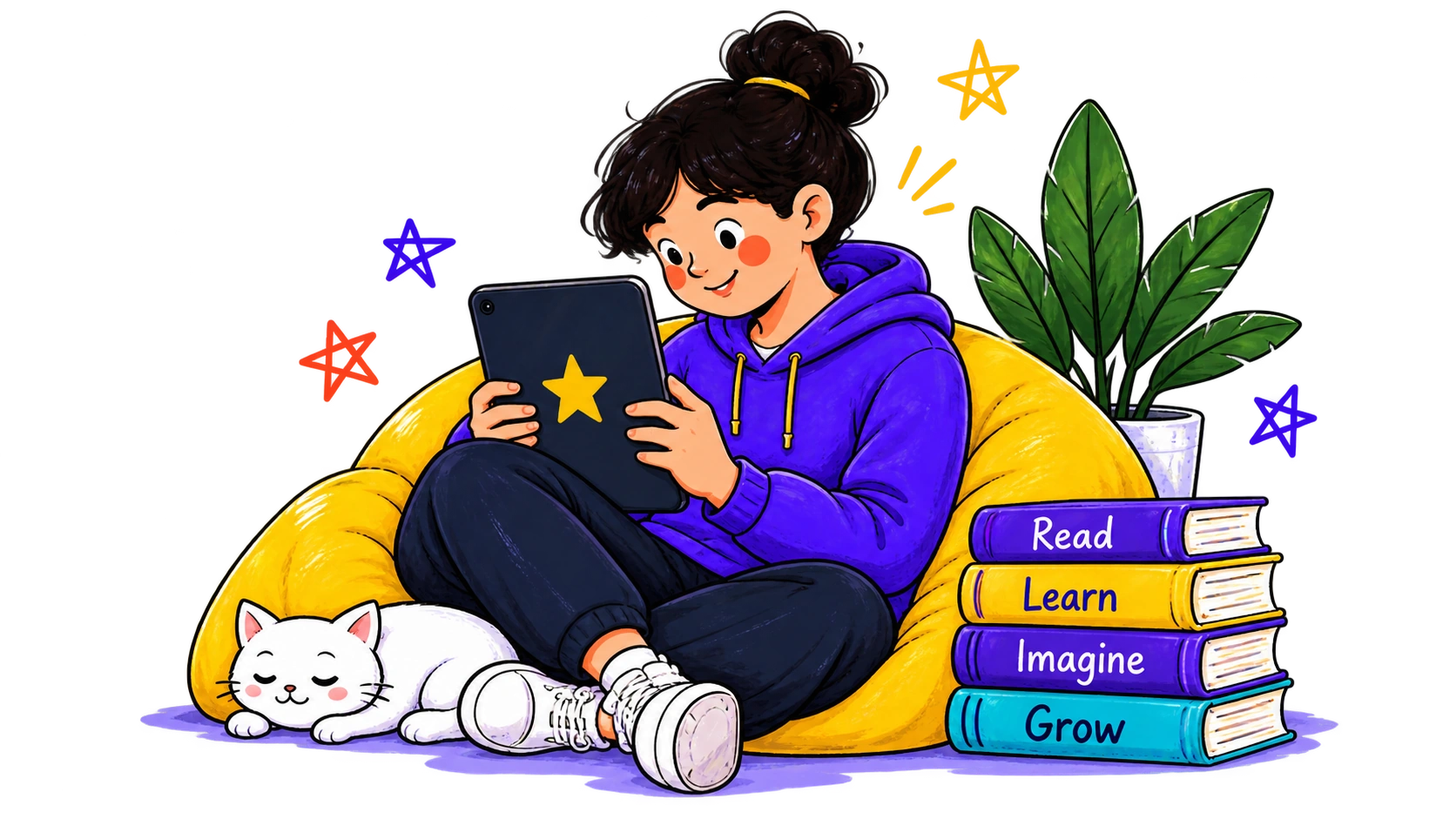 A reader in a purple hoodie on a yellow beanbag beside a cat, books and a plant