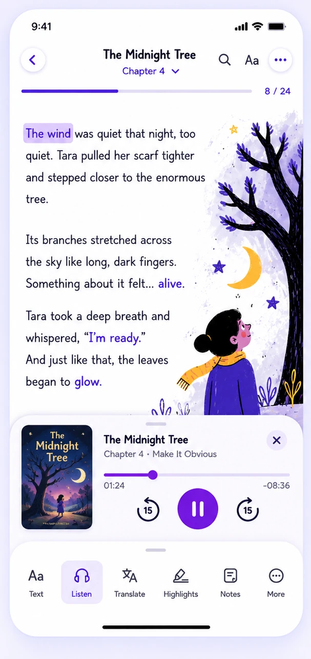 Audio reading screen with the book text, chapter progress, playback timeline and listening controls
