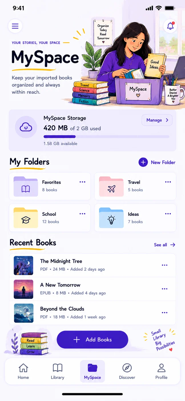 MySpace library with book folders, storage and recently opened books