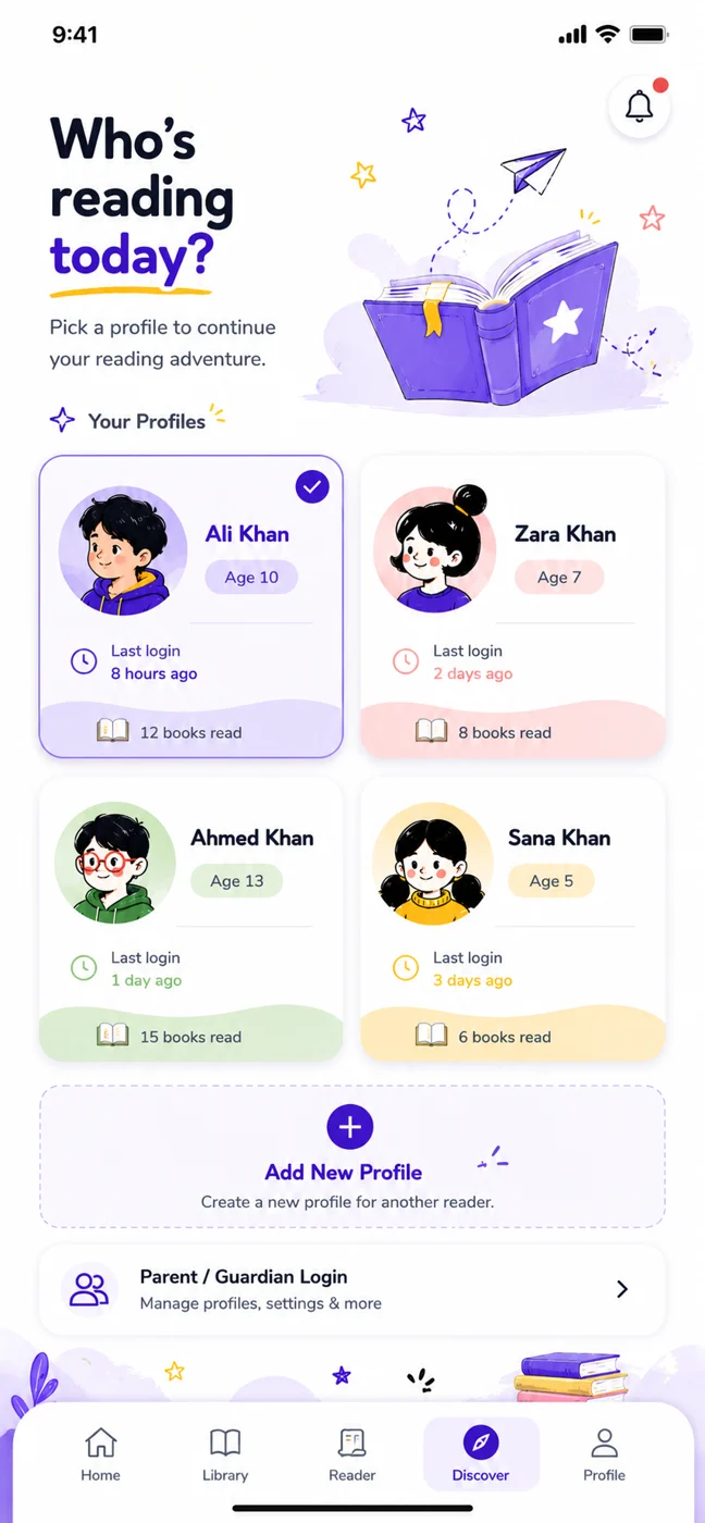 Reader profile selection screen with four separate profiles