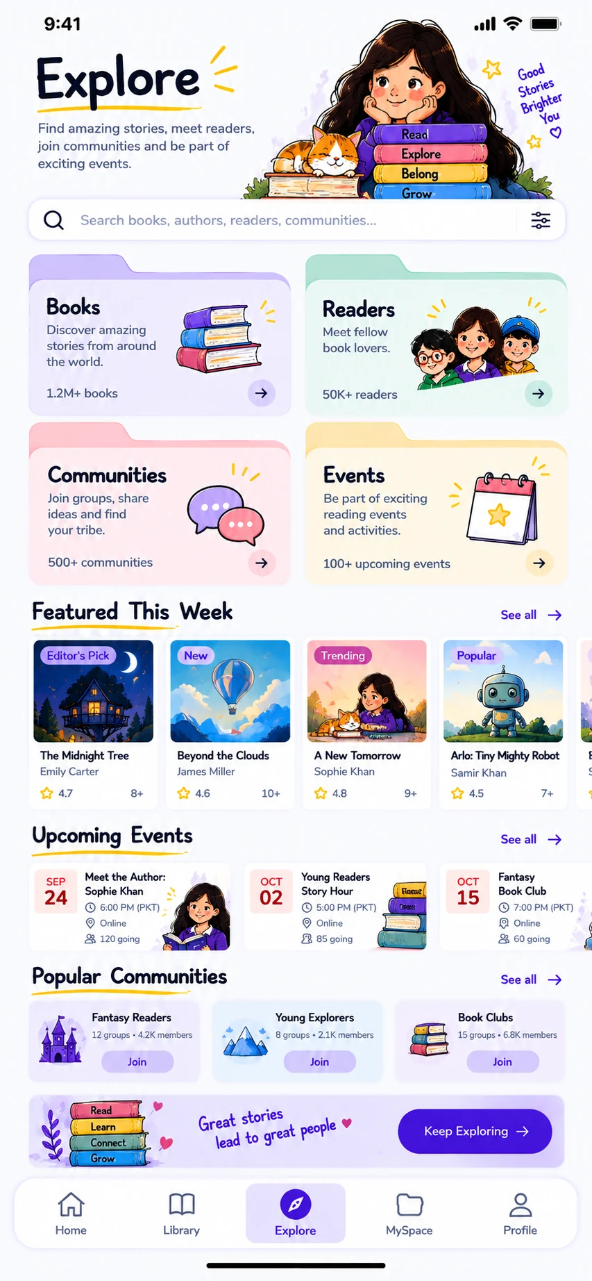 Explore screen showing Books, Readers, Communities, Events, featured books and popular communities