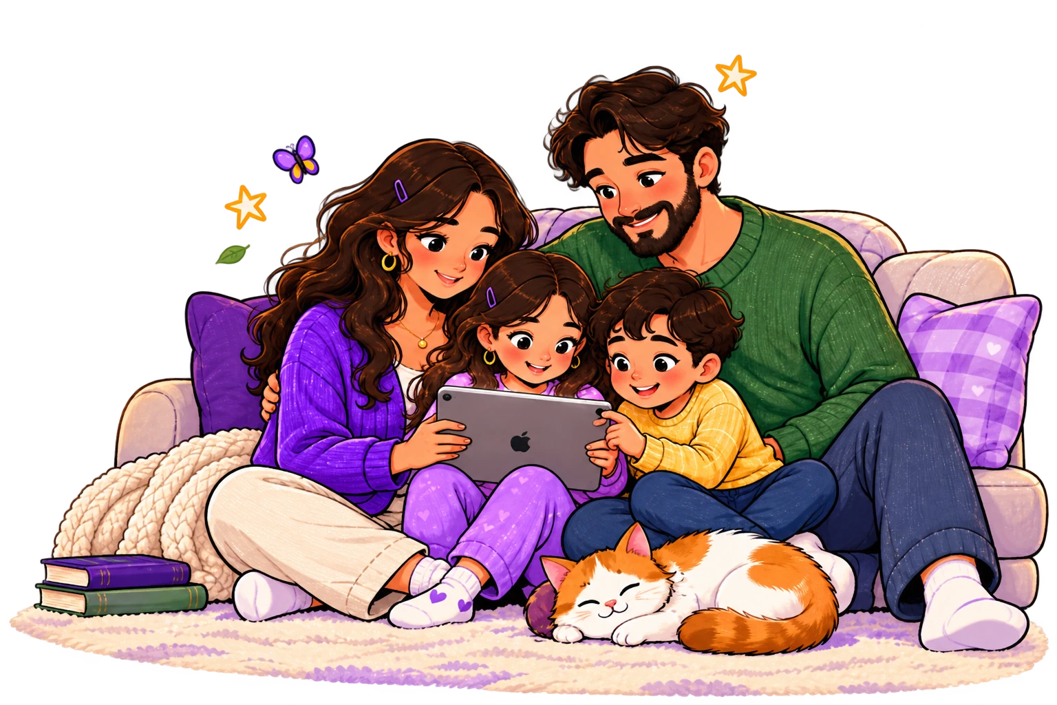 Parents and two children reading together on a tablet