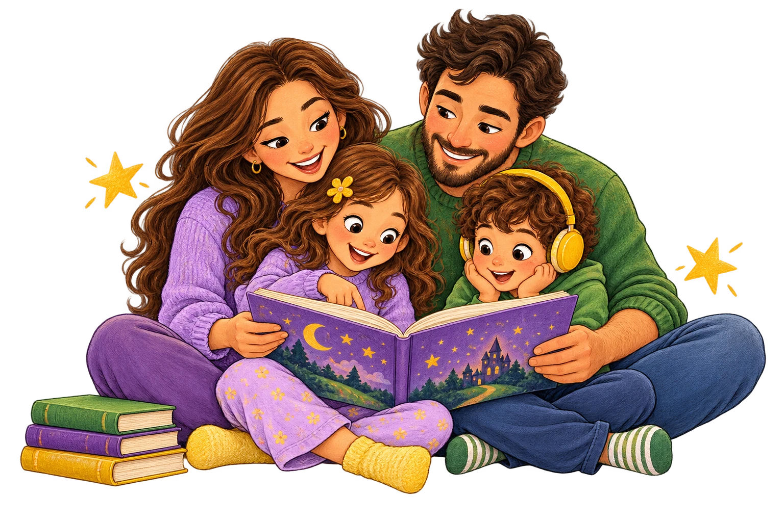 Parents and children reading a story together, with headphones for listening