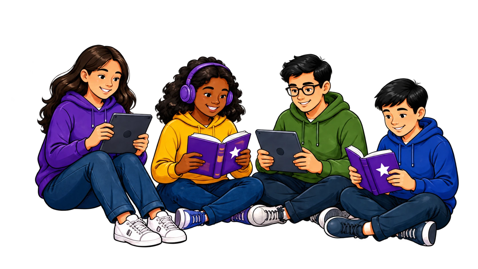 Four readers sharing books and tablets