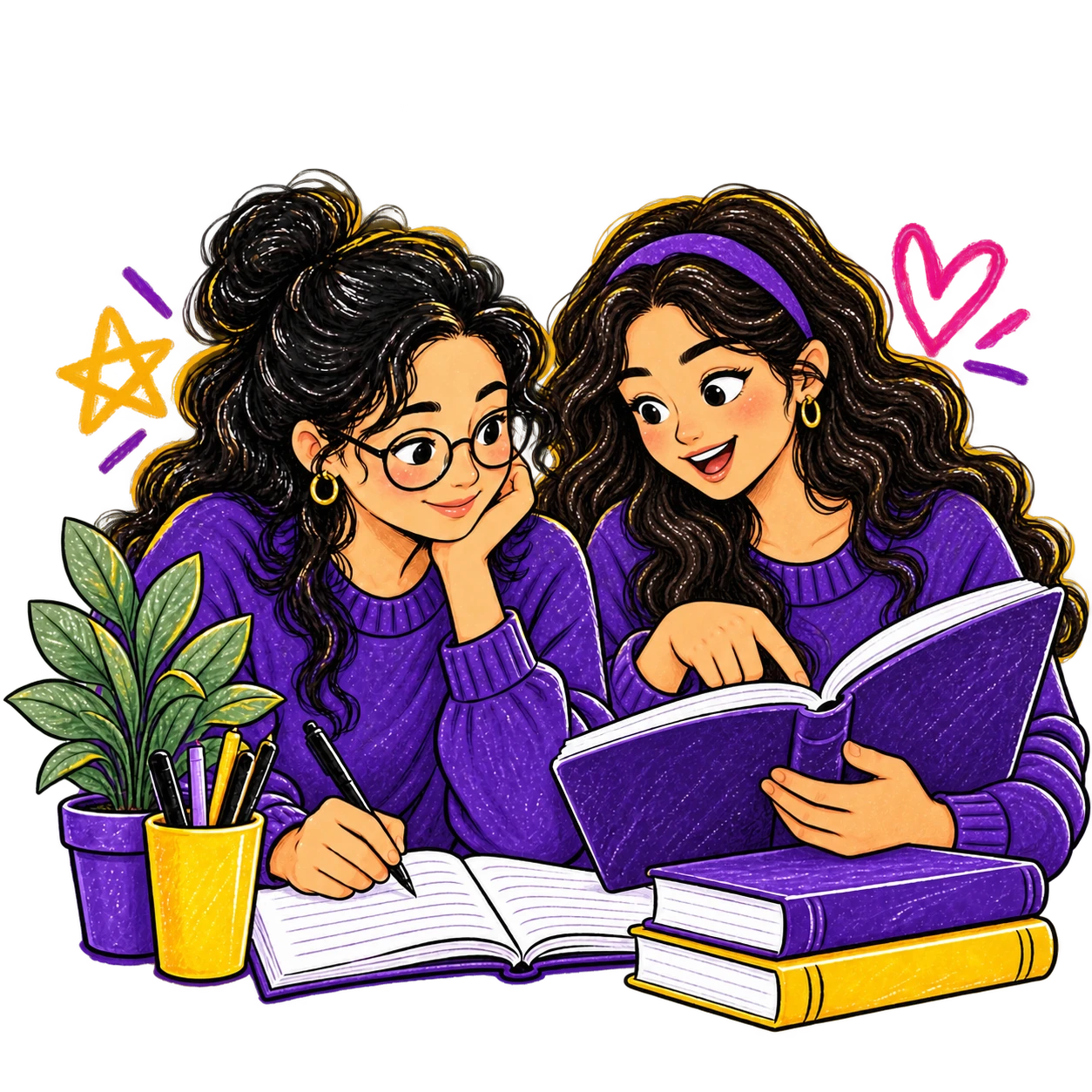 Two girls studying together with books and notes