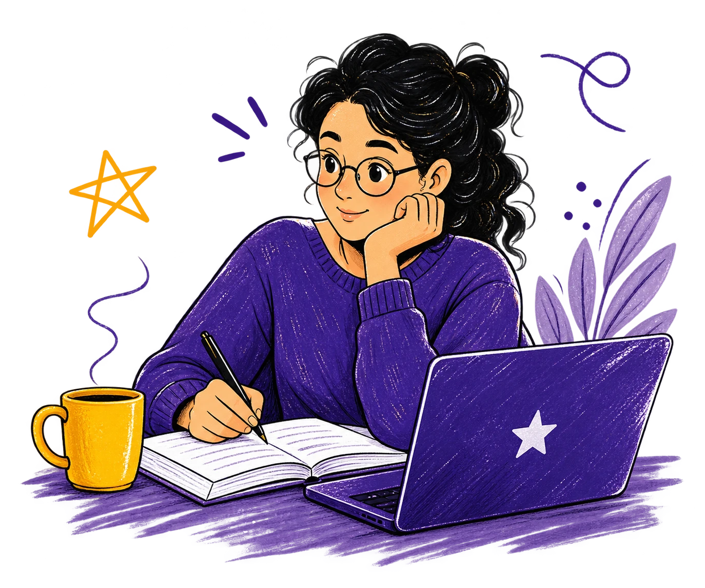 Student writing notes beside a laptop and books